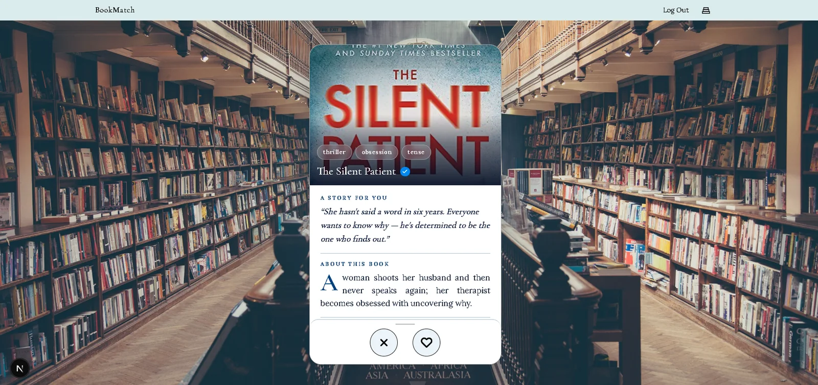 BookMatch swipe screen showing a book card with pass and save buttons