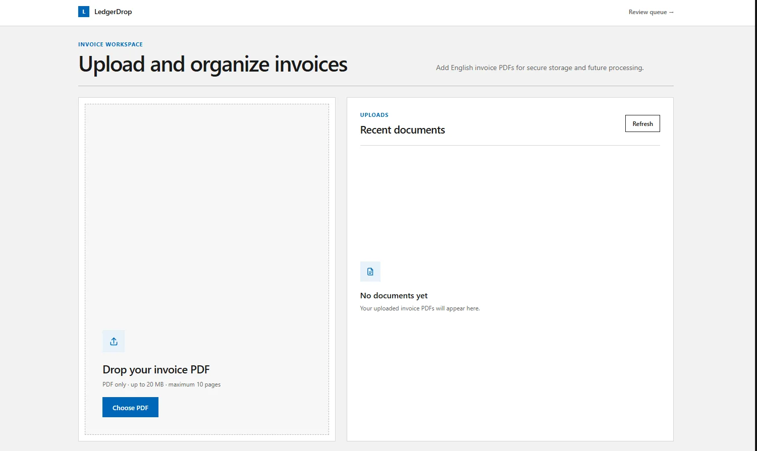 LedgerDrop invoice workspace with an upload area and a recent documents list