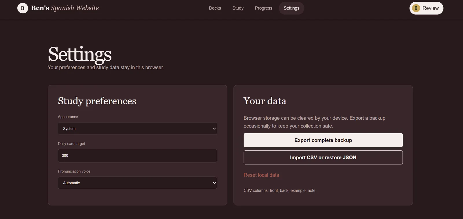 Settings screen