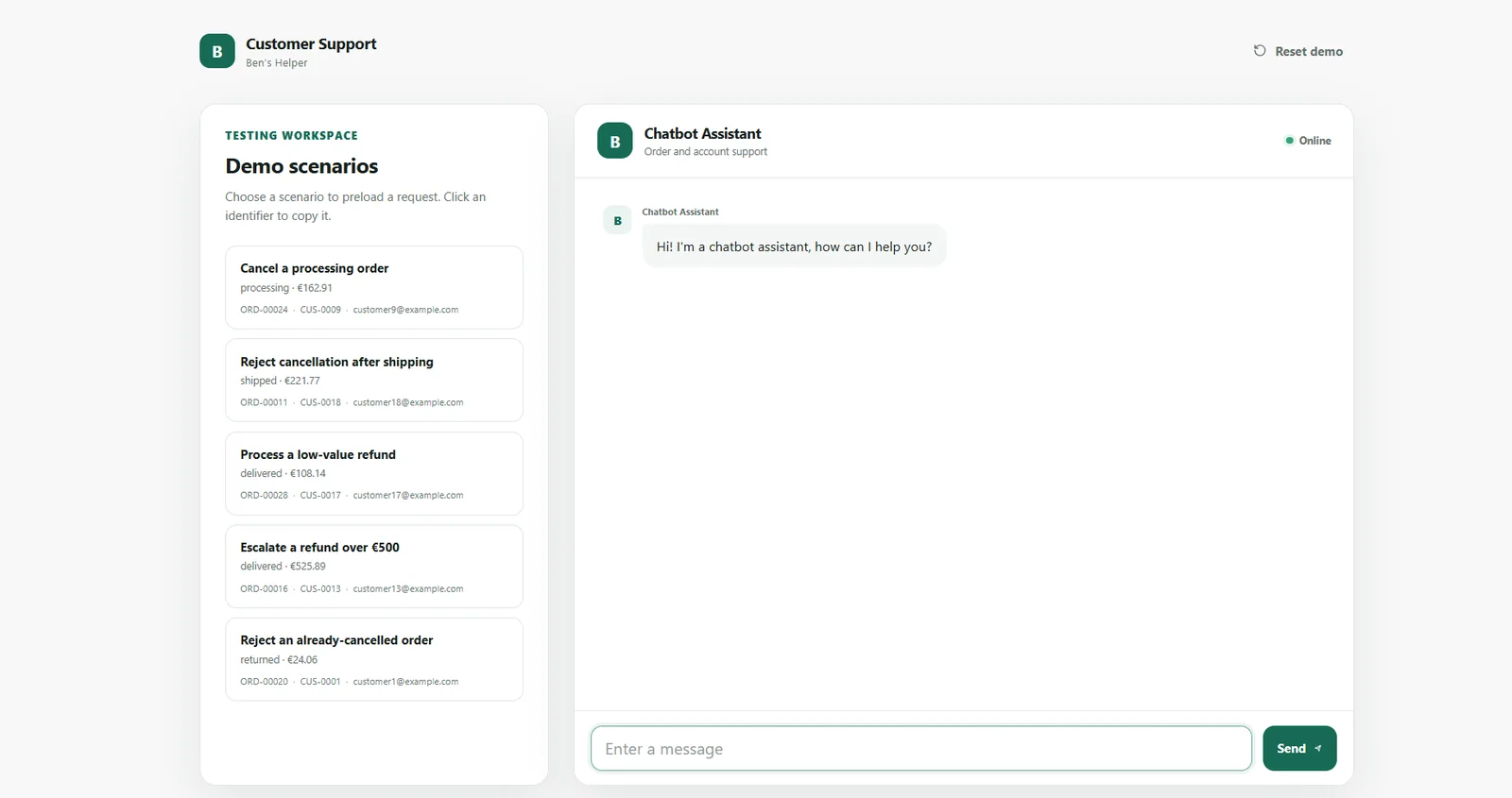 Customer support demo with test scenarios on the left and a chat window on the right